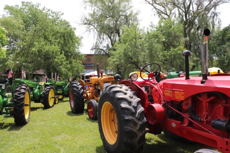 Restored John Deere, Minneapolis-Moline, and Massey-Harris tractors lined up on grass at Sauder Village