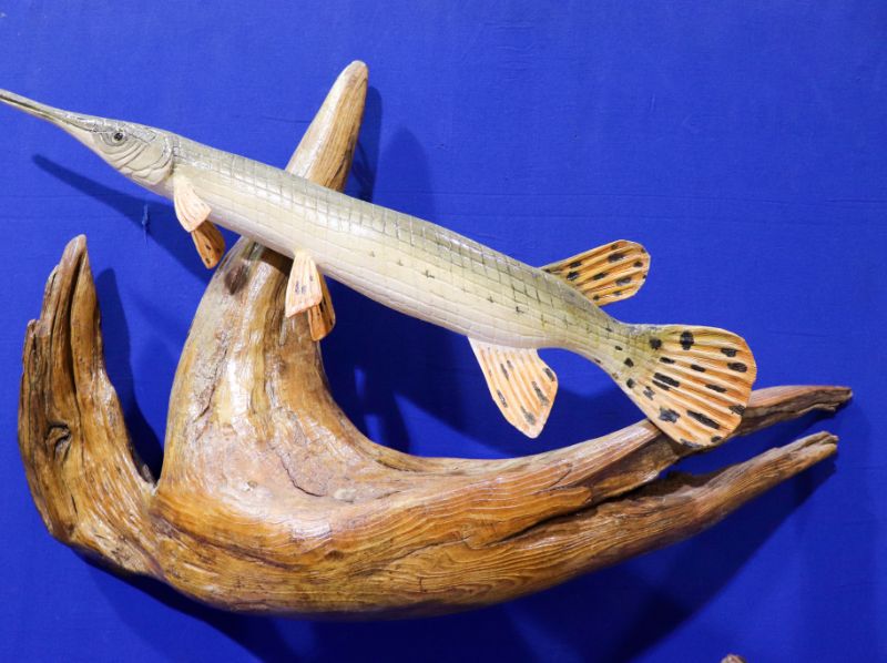 Carved wooden fish sculpture on display at the Woodcarvers Show